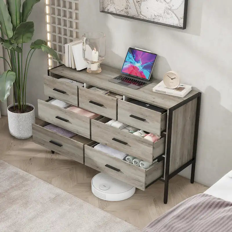 Cómoda de madera con 7 cajones, armario de almacenamiento de madera para dormitorio, armario ropero sólido con resistente estructura de acero