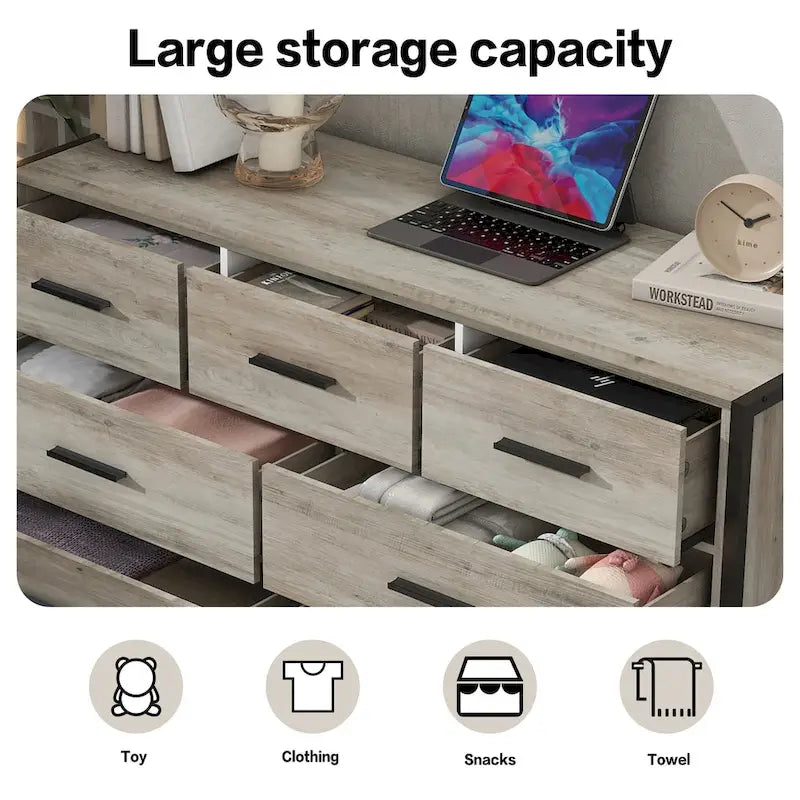 Commode en bois à 7 tiroirs, meuble de rangement en bois pour chambre, armoire à vêtements solide avec cadre en acier robuste