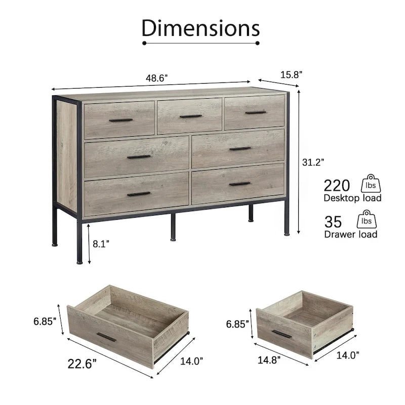 Cómoda de madera con 7 cajones, armario de almacenamiento de madera para dormitorio, armario ropero sólido con resistente estructura de acero