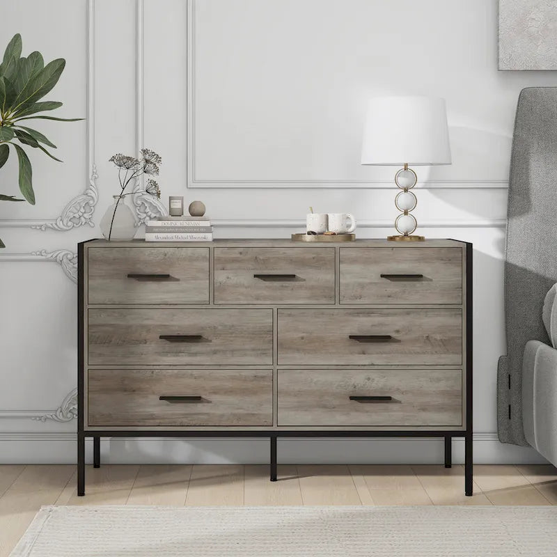 Cómoda de madera con 7 cajones, armario de almacenamiento de madera para dormitorio, armario ropero sólido con resistente estructura de acero