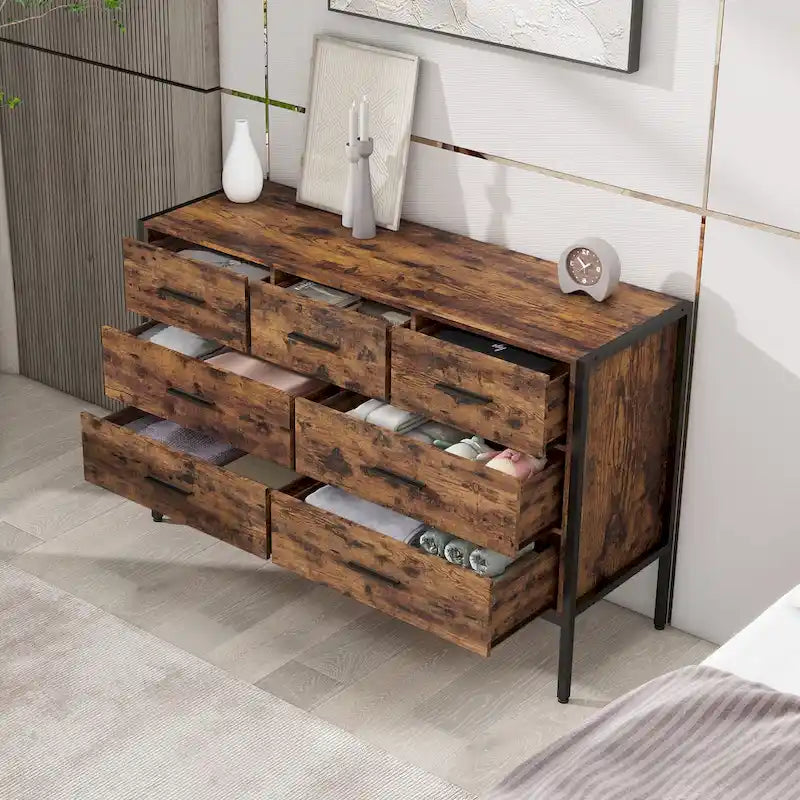 Cómoda de madera con 7 cajones, armario de almacenamiento de madera para dormitorio, armario ropero sólido con resistente estructura de acero