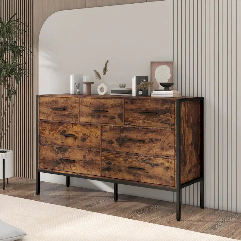 Cómoda de madera con 7 cajones, armario de almacenamiento de madera para dormitorio, armario ropero sólido con resistente estructura de acero