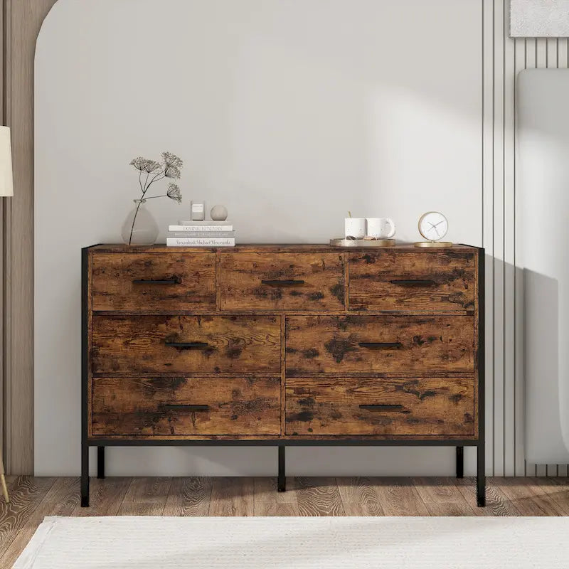 Cómoda de madera con 7 cajones, armario de almacenamiento de madera para dormitorio, armario ropero sólido con resistente estructura de acero