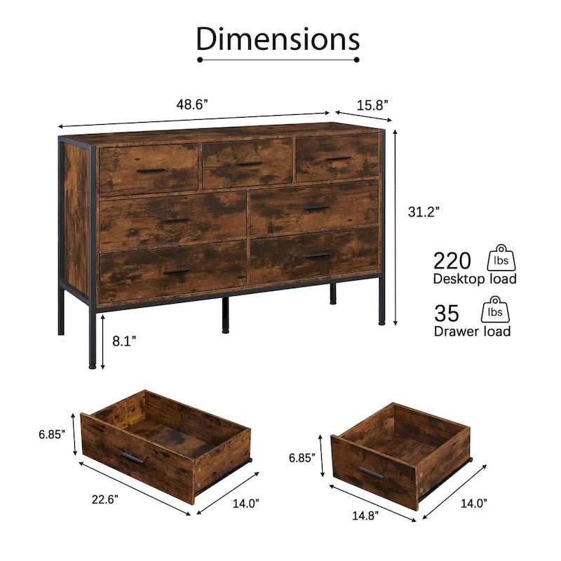 Cómoda de madera con 7 cajones, armario de almacenamiento de madera para dormitorio, armario ropero sólido con resistente estructura de acero