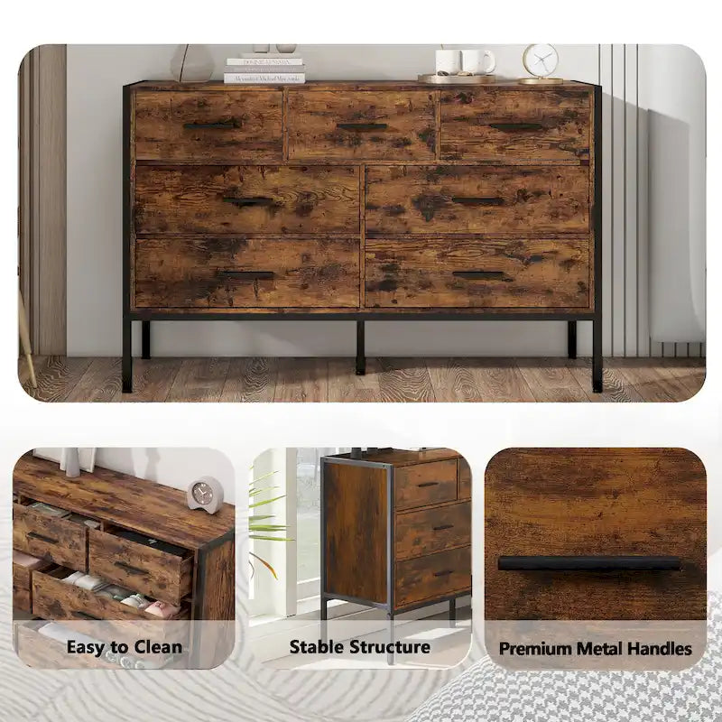 Cómoda de madera con 7 cajones, armario de almacenamiento de madera para dormitorio, armario ropero sólido con resistente estructura de acero