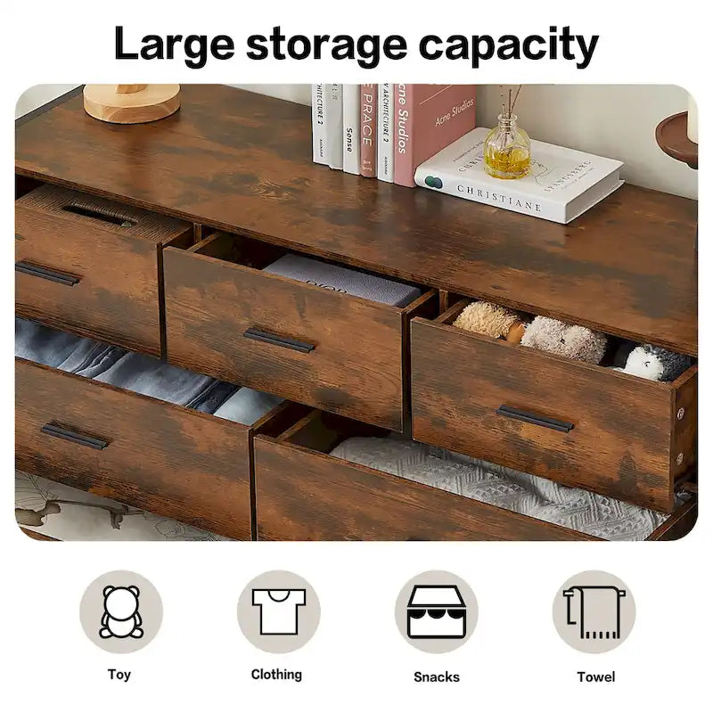 Cómoda de madera con 7 cajones, armario de almacenamiento de madera para dormitorio, armario ropero sólido con resistente estructura de acero