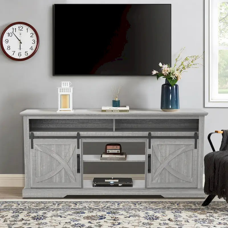 68 Farmhouse Grey Sliding Barn Door TV Stand with Storage Open Compartment