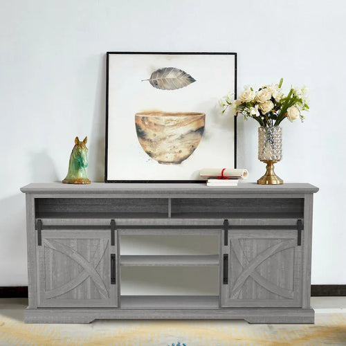 Mueble para TV estilo granja gris de 68 pulgadas con puerta corrediza tipo granero y compartimento abierto de almacenamiento