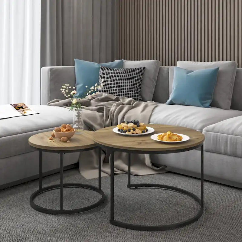 Satztische, 2er-Set, runder Couchtisch mit Holzoptik, 27.6inch, mit stabilem Metallgestell, Beistelltische