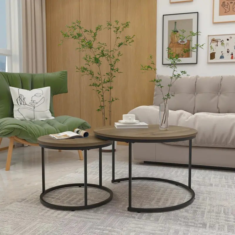 Satztische, 2er-Set, runder Couchtisch mit Holzoptik, 27.6inch, mit stabilem Metallgestell, Beistelltische
