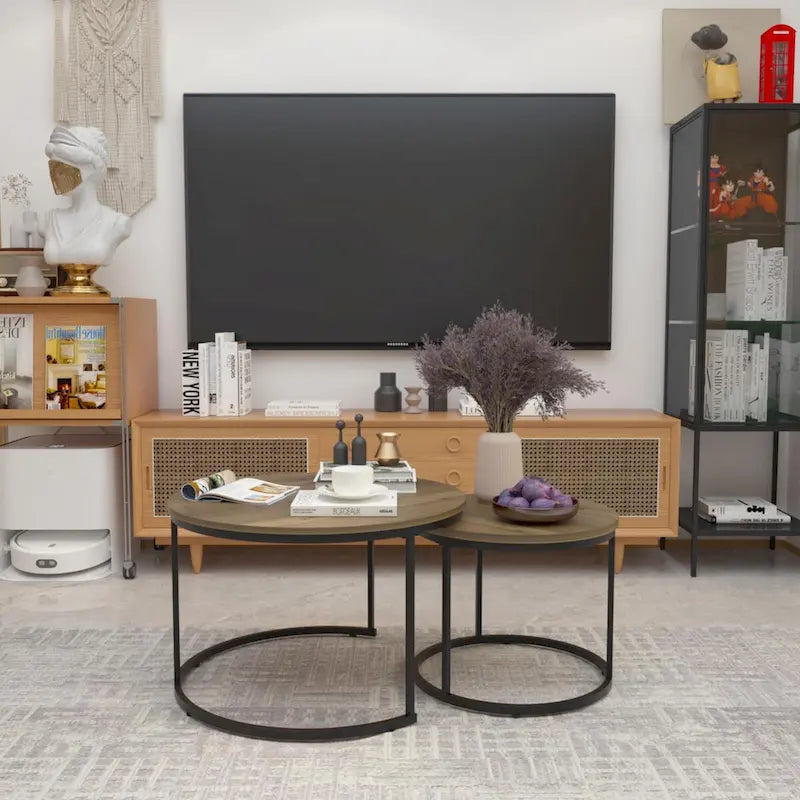 Satztische, 2er-Set, runder Couchtisch mit Holzoptik, 27.6inch, mit stabilem Metallgestell, Beistelltische