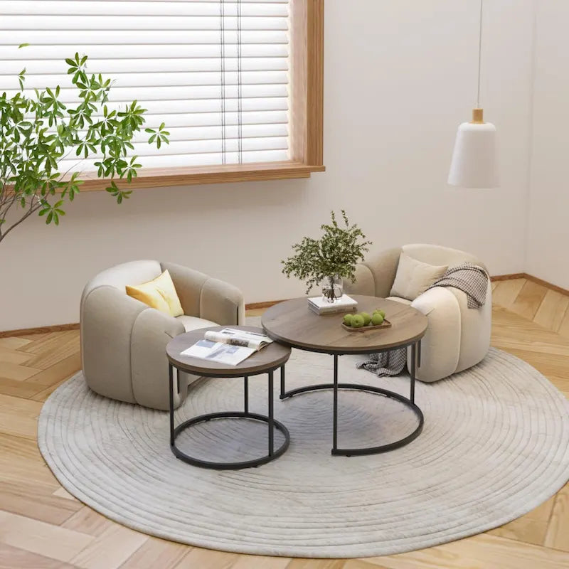 Ensemble de 2 tables basses gigognes rondes de 27,6 pouces, finition bois, structure métallique robuste, tables d’appoint