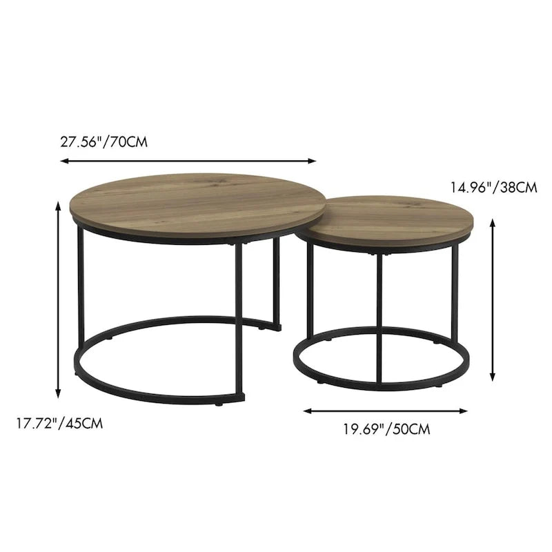 Ensemble de 2 tables basses gigognes rondes de 27,6 pouces, finition bois, structure métallique robuste, tables d’appoint