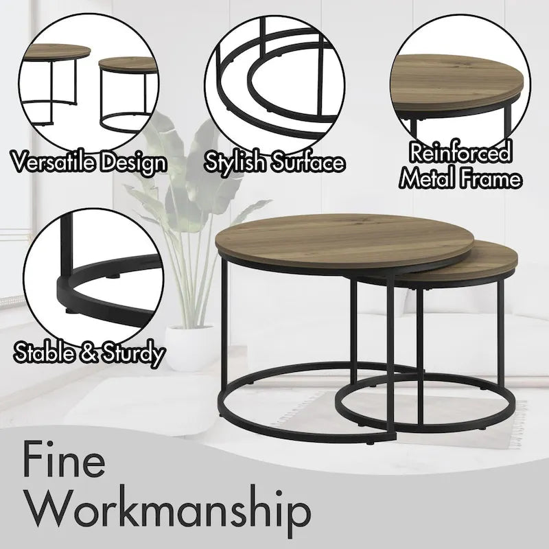 Ensemble de 2 tables basses gigognes rondes de 27,6 pouces, finition bois, structure métallique robuste, tables d’appoint