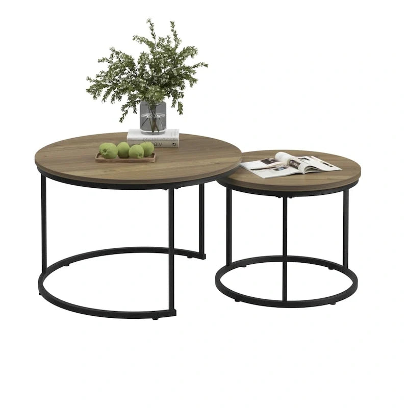 Ensemble de 2 tables basses gigognes rondes de 27,6 pouces, finition bois, structure métallique robuste, tables d’appoint