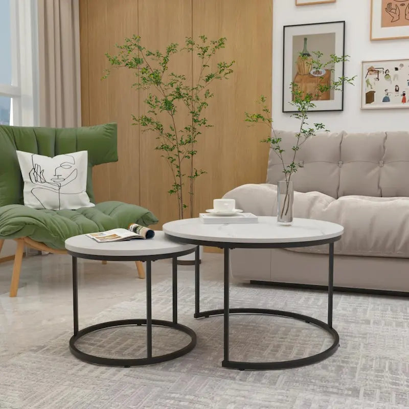 Ensemble de 2 tables basses gigognes rondes de 27,6 pouces, finition bois, structure métallique robuste, tables d’appoint
