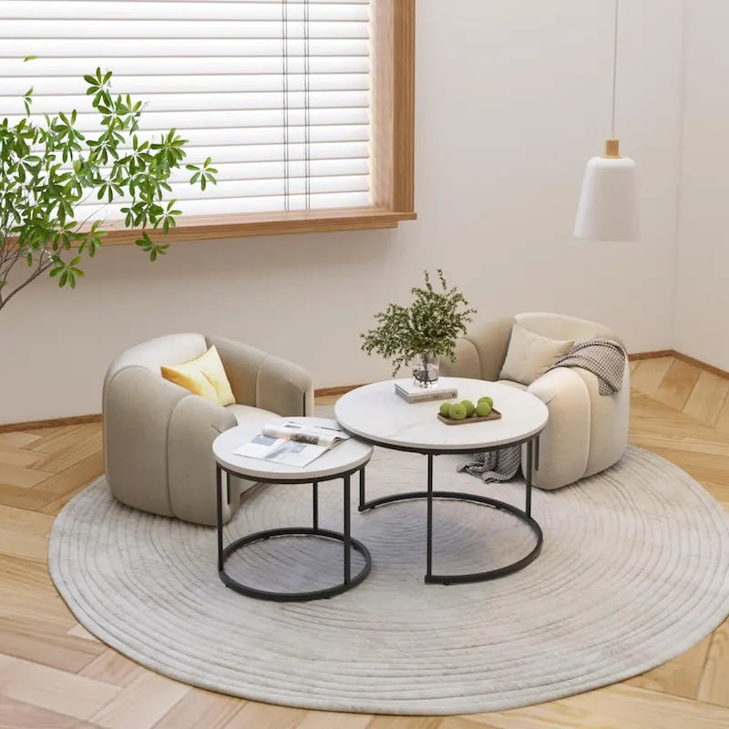 Ensemble de 2 tables basses gigognes rondes de 27,6 pouces, finition bois, structure métallique robuste, tables d’appoint