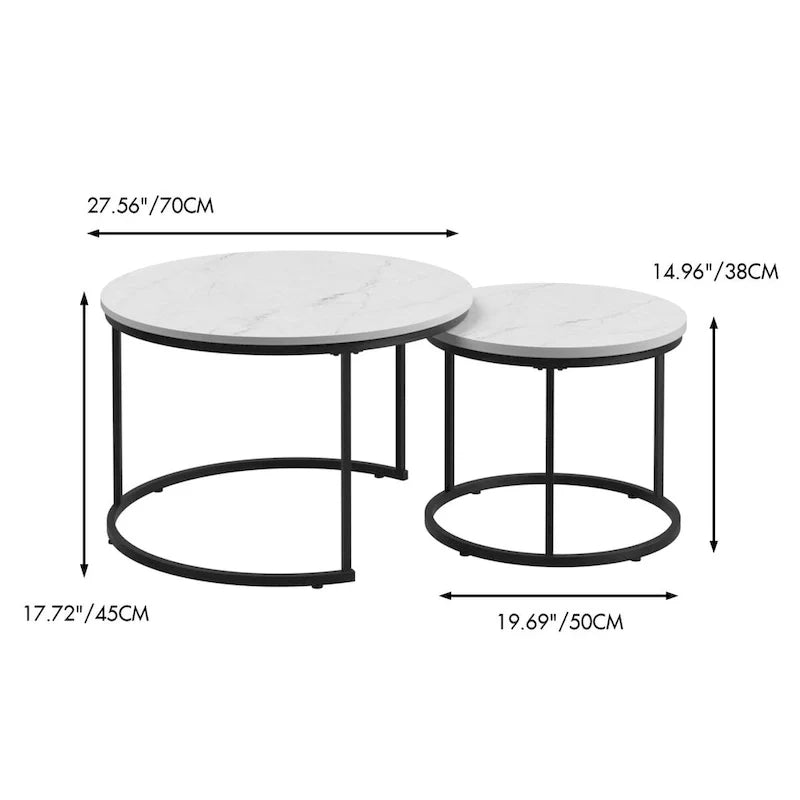 Ensemble de 2 tables basses gigognes rondes de 27,6 pouces, finition bois, structure métallique robuste, tables d’appoint