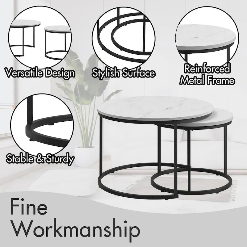 Ensemble de 2 tables basses gigognes rondes de 27,6 pouces, finition bois, structure métallique robuste, tables d’appoint