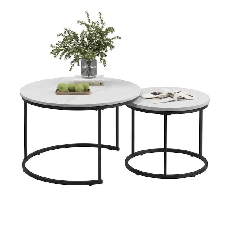 Ensemble de 2 tables basses gigognes rondes de 27,6 pouces, finition bois, structure métallique robuste, tables d’appoint