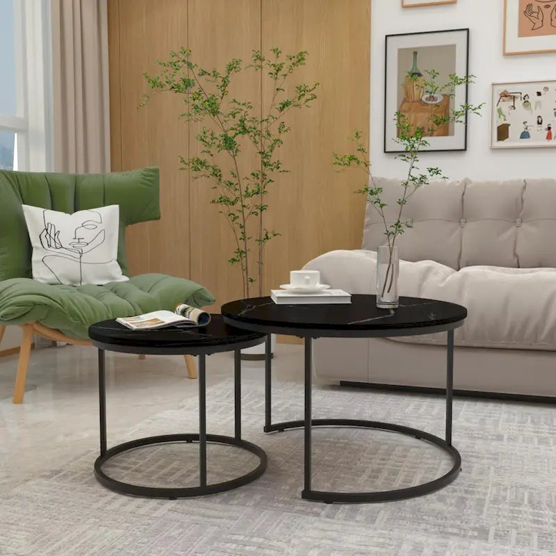Ensemble de 2 tables basses gigognes rondes de 27,6 pouces, finition bois, structure métallique robuste, tables d’appoint