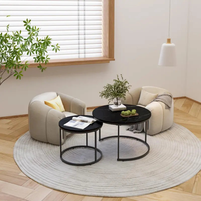 Ensemble de 2 tables basses gigognes rondes de 27,6 pouces, finition bois, structure métallique robuste, tables d’appoint