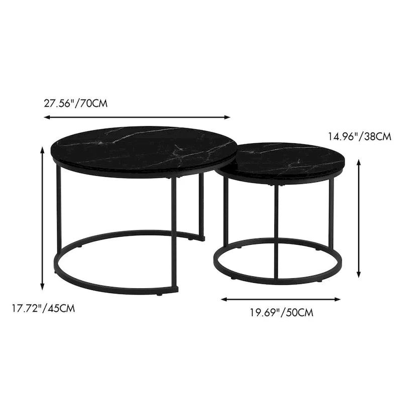 Ensemble de 2 tables basses gigognes rondes de 27,6 pouces, finition bois, structure métallique robuste, tables d’appoint