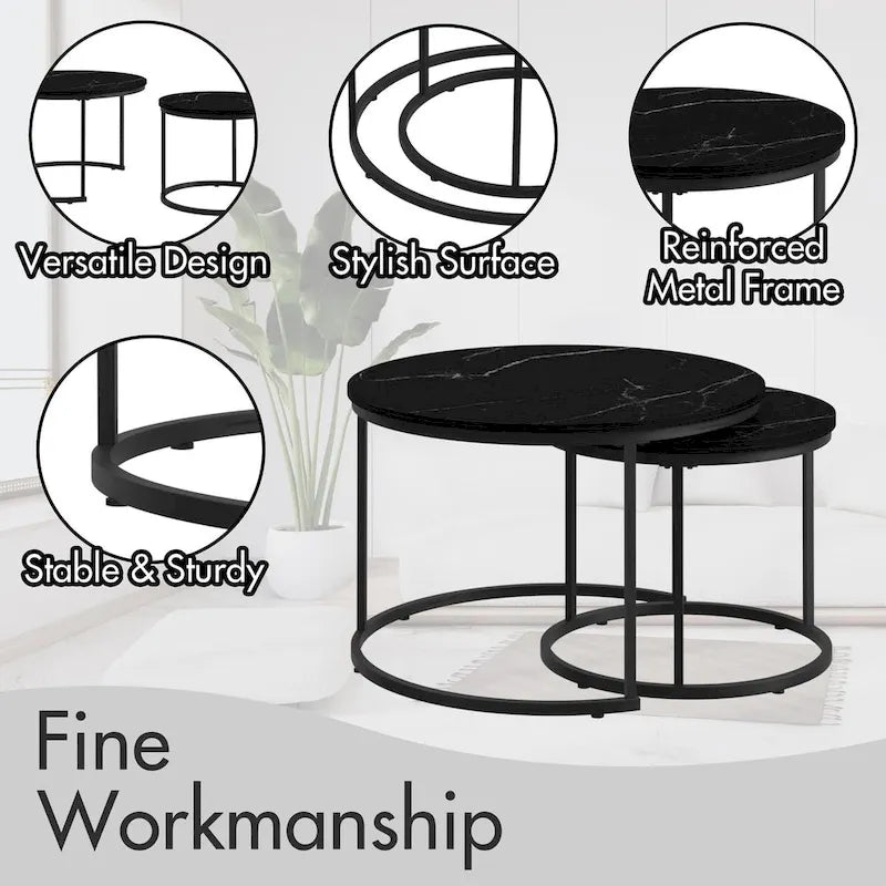 Ensemble de 2 tables basses gigognes rondes de 27,6 pouces, finition bois, structure métallique robuste, tables d’appoint
