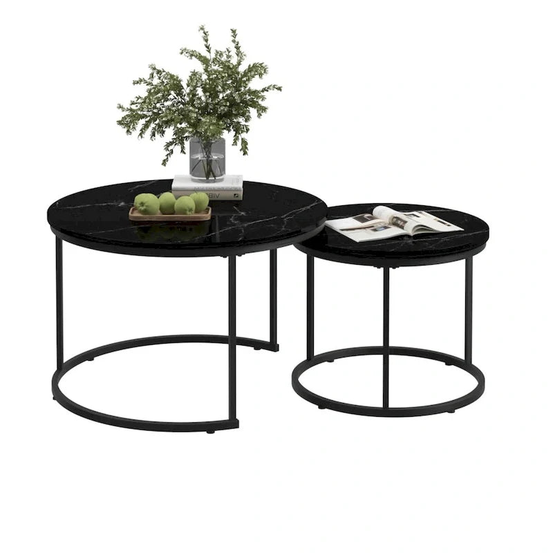 Ensemble de 2 tables basses gigognes rondes de 27,6 pouces, finition bois, structure métallique robuste, tables d’appoint