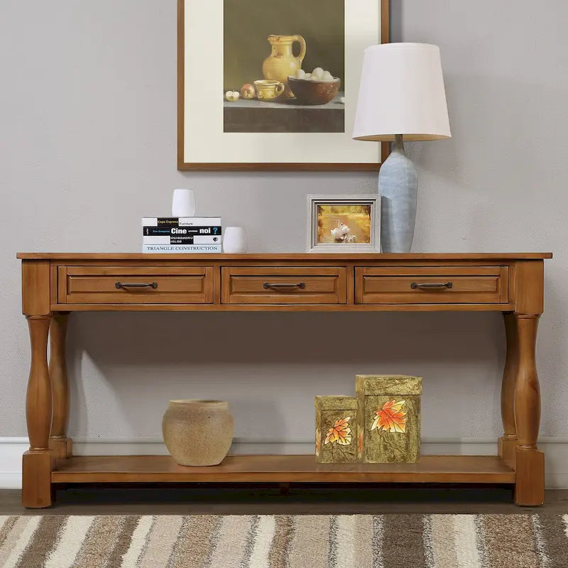 Table console en bois avec 3 tiroirs et 1 étagère inférieure