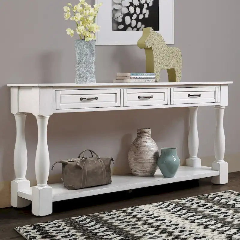 Table console en bois avec 3 tiroirs et 1 étagère inférieure