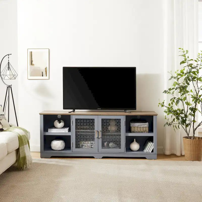 Mueble multimedia moderno para TV, consola de entretenimiento grande para el hogar, para TV de hasta 80, con estantes abiertos y vitrinas con puertas de vidrio