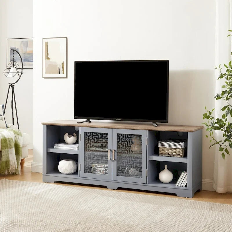 Mueble multimedia moderno para TV, consola de entretenimiento grande para el hogar, para TV de hasta 80, con estantes abiertos y vitrinas con puertas de vidrio