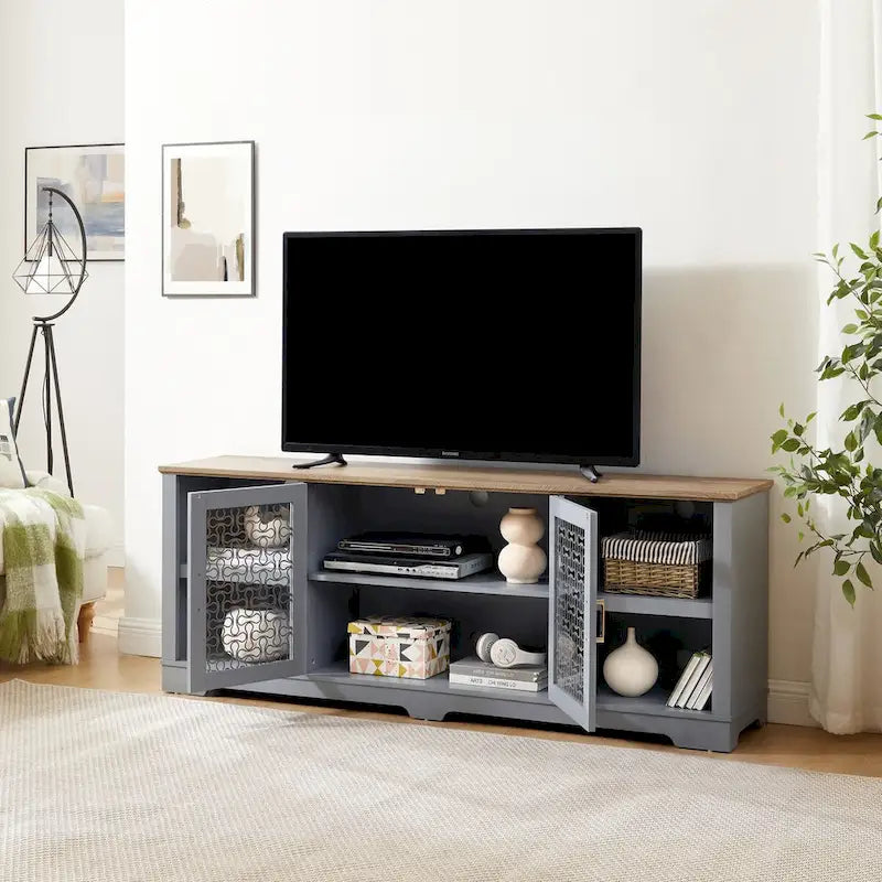 Mueble multimedia moderno para TV, consola de entretenimiento grande para el hogar, para TV de hasta 80, con estantes abiertos y vitrinas con puertas de vidrio