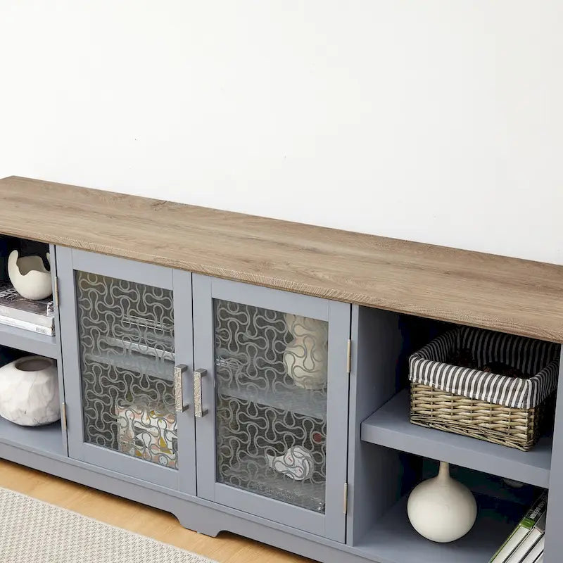 Mueble multimedia moderno para TV, consola de entretenimiento grande para el hogar, para TV de hasta 80, con estantes abiertos y vitrinas con puertas de vidrio