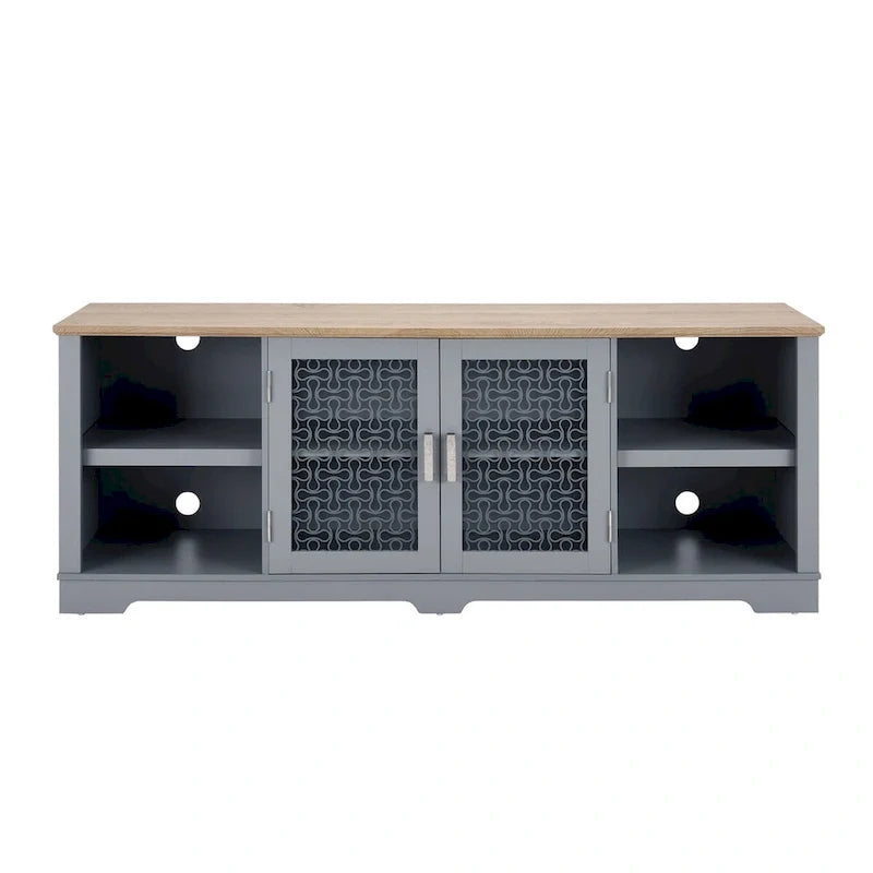 Mueble multimedia moderno para TV, consola de entretenimiento grande para el hogar, para TV de hasta 80, con estantes abiertos y vitrinas con puertas de vidrio