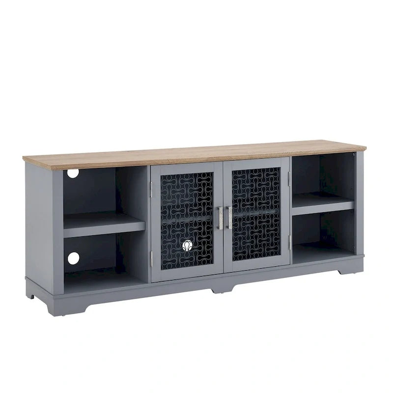 Mueble multimedia moderno para TV, consola de entretenimiento grande para el hogar, para TV de hasta 80, con estantes abiertos y vitrinas con puertas de vidrio