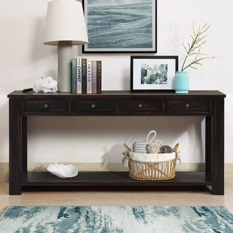 Table console en bois de pin avec 4 tiroirs et tablette inférieure pour entrée ou couloir
