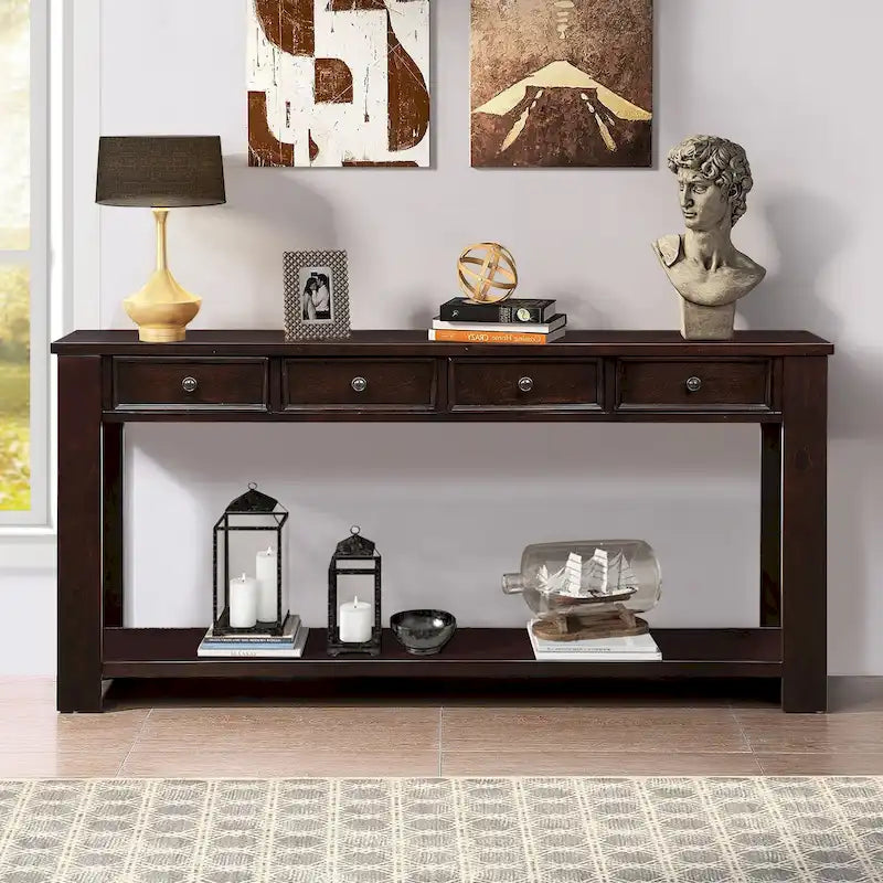 Table console en bois de pin avec 4 tiroirs et tablette inférieure pour entrée ou couloir