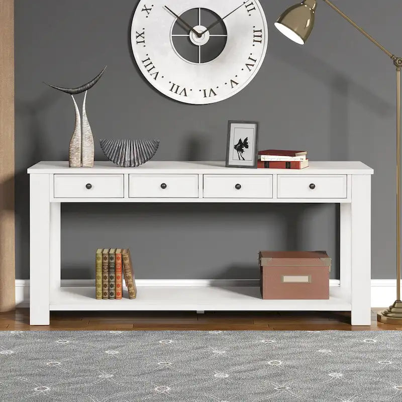 Table console en bois de pin avec 4 tiroirs et tablette inférieure pour entrée ou couloir