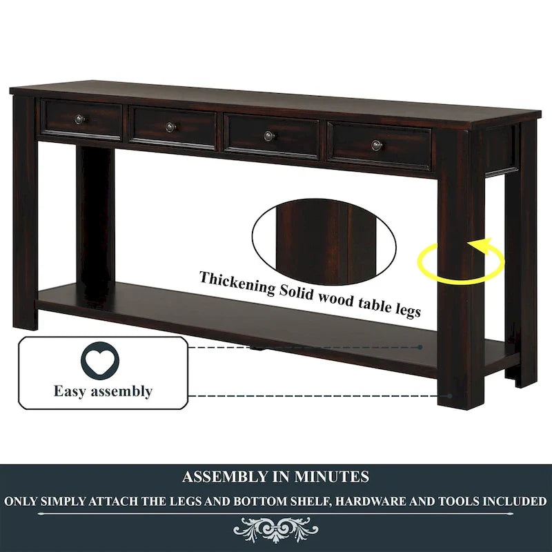 Mesa consola de madera de pino con 4 cajones y estante inferior para recibidor o pasillo