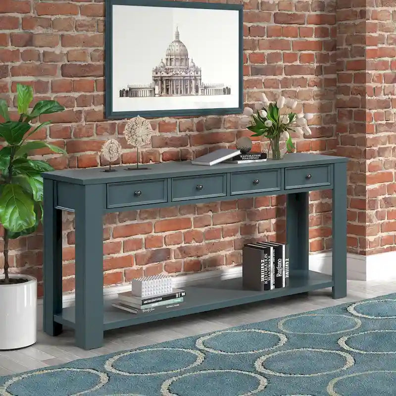 Mesa consola de madera de pino con 4 cajones y estante inferior para recibidor o pasillo