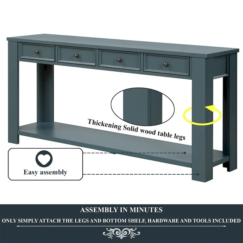 Mesa consola de madera de pino con 4 cajones y estante inferior para recibidor o pasillo