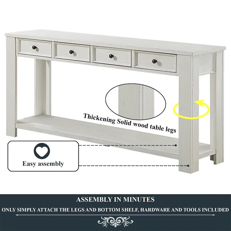 Mesa consola de madera de pino con 4 cajones y estante inferior para recibidor o pasillo