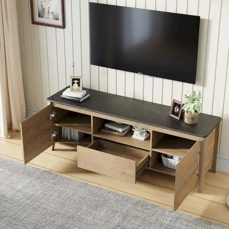 Meuble TV moderne de 58 pouces avec éclairage LED, meuble de divertissement avec rangement pour téléviseurs jusqu’à 80 pouces, pour le salon et la chambre