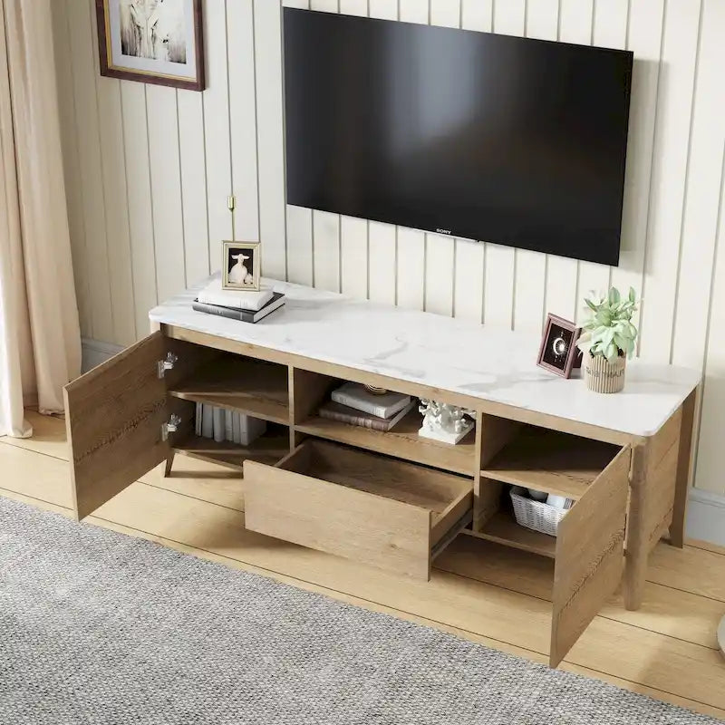 Meuble TV moderne de 58 pouces avec éclairage LED, meuble de divertissement avec rangement pour téléviseurs jusqu’à 80 pouces, pour le salon et la chambre
