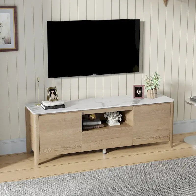 Meuble TV moderne de 58 pouces avec éclairage LED, meuble de divertissement avec rangement pour téléviseurs jusqu’à 80 pouces, pour le salon et la chambre