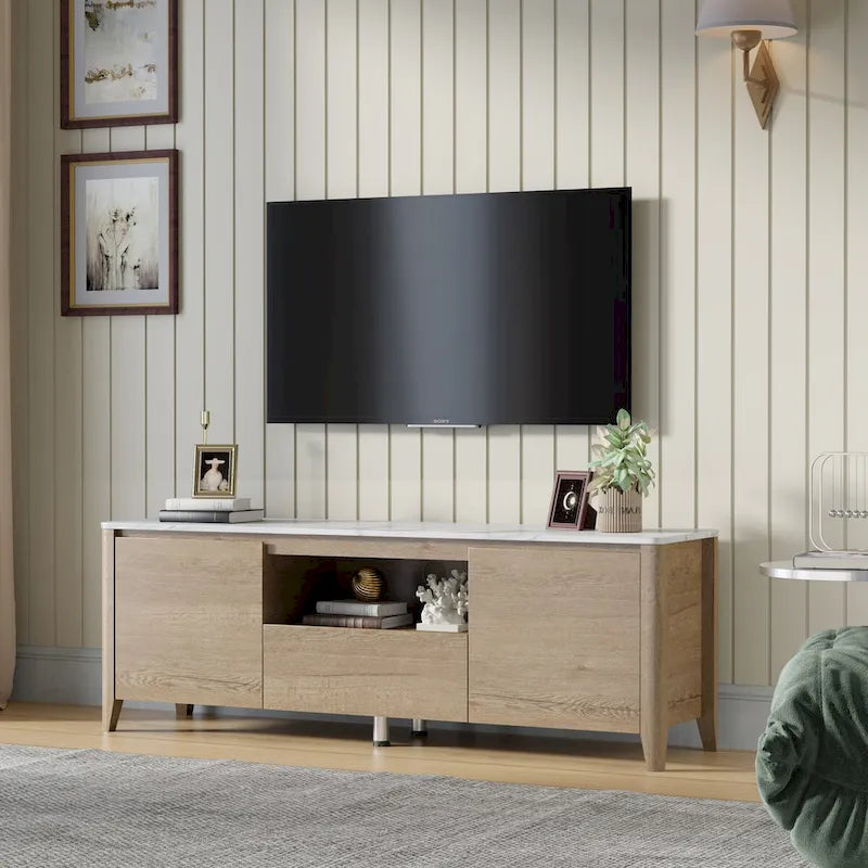 Meuble TV moderne de 58 pouces avec éclairage LED, meuble de divertissement avec rangement pour téléviseurs jusqu’à 80 pouces, pour le salon et la chambre
