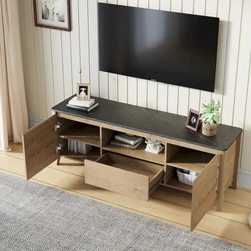 Meuble TV moderne de 58 pouces avec éclairage LED, meuble de divertissement avec rangement pour téléviseurs jusqu’à 80 pouces, pour le salon et la chambre