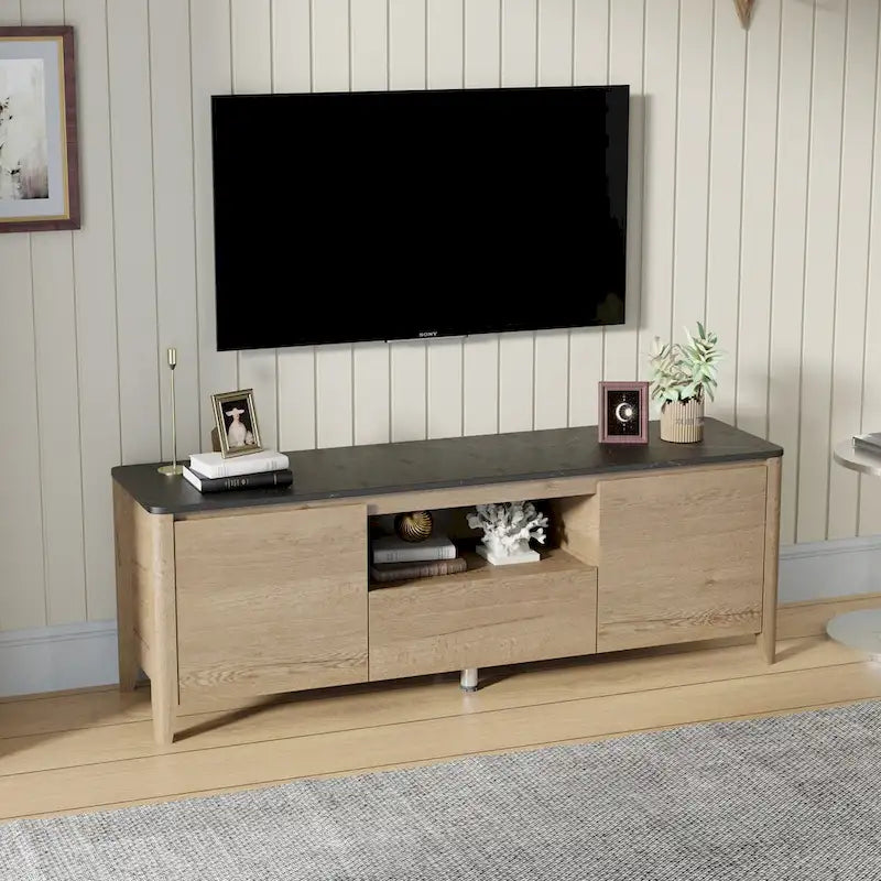 Meuble TV moderne de 58 pouces avec éclairage LED, meuble de divertissement avec rangement pour téléviseurs jusqu’à 80 pouces, pour le salon et la chambre